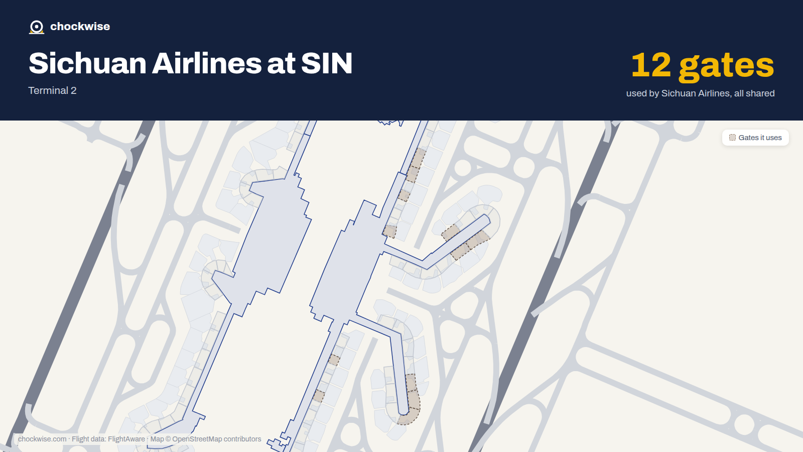 Map of SIN with the gates Sichuan Airlines uses highlighted: E6, E7, E10, E20, E24, E26, E27, F35 and 4 more.