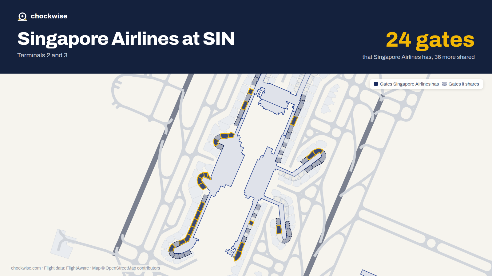 Map of SIN with the gates Singapore Airlines uses highlighted: A1, A2, B2, A3, A4, B4, A5, B5 and 16 more.