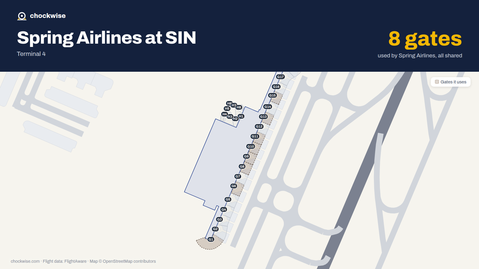 Map of SIN with the gates Spring Airlines uses highlighted: G1, G6, G8, G9, G10, G11, G13 and G15.