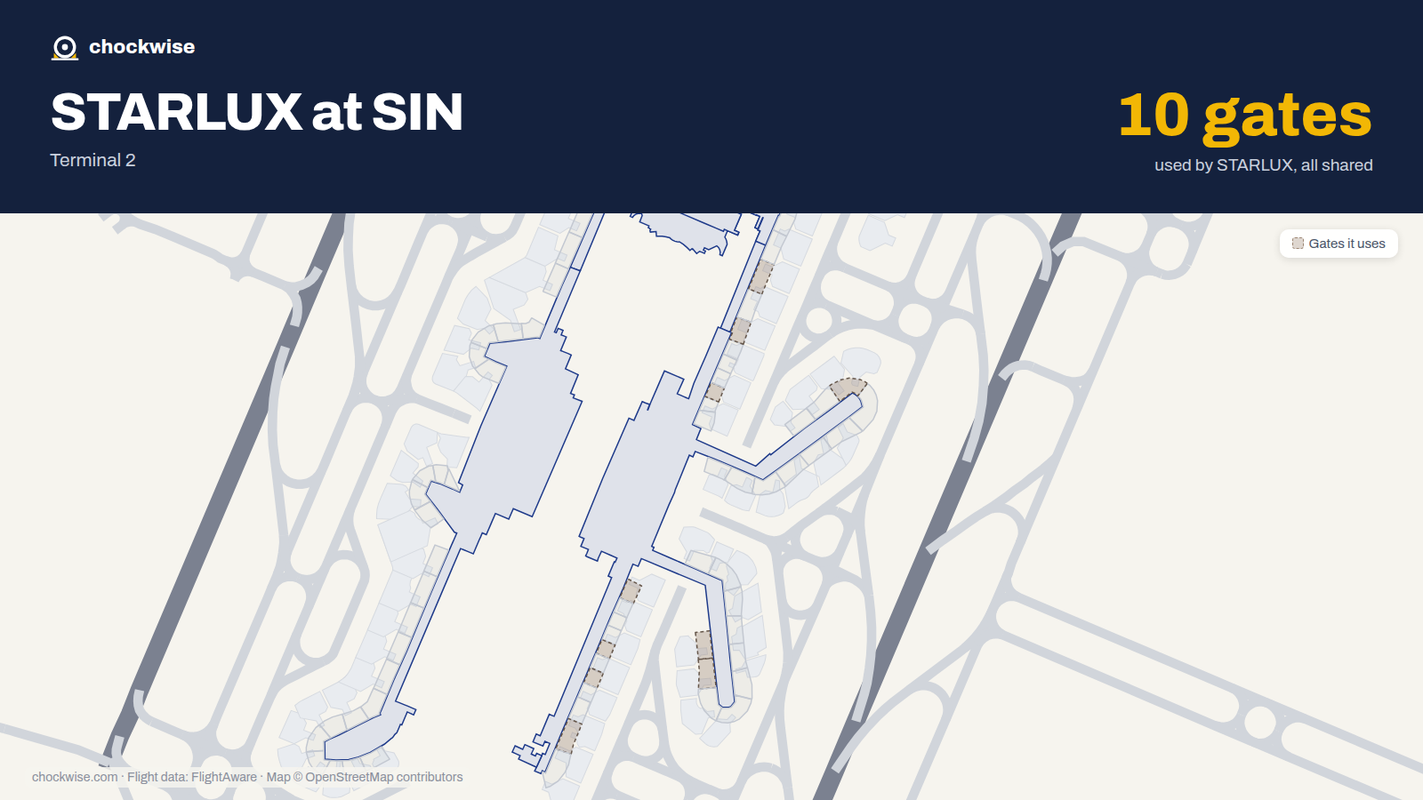 Map of SIN with the gates STARLUX Airlines uses highlighted: E12, E22, E26, E28, F40, F41, F50, F54 and 2 more.