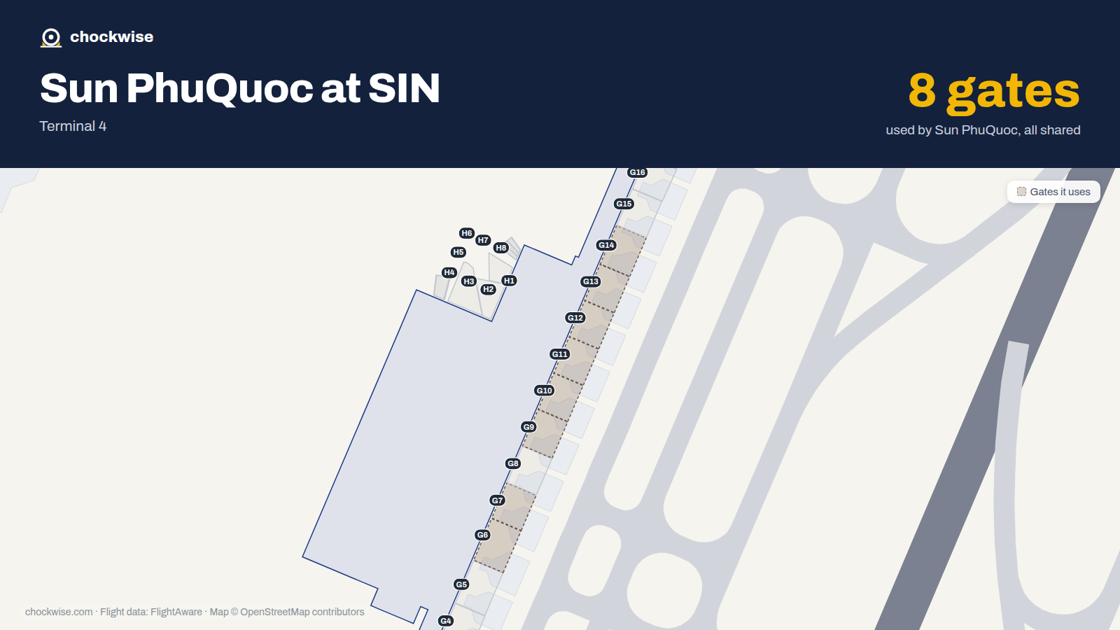 Map of SIN with the gates Sun PhuQuoc Airways uses highlighted: G6, G7, G9, G10, G11, G12, G13 and G14.