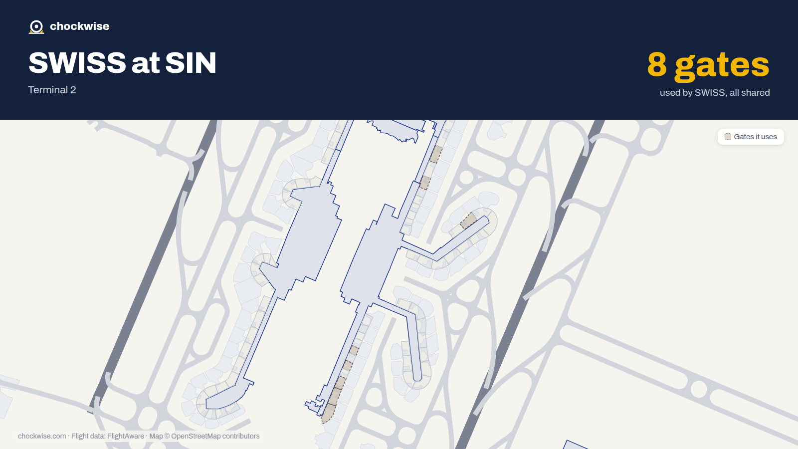 Map of SIN with the gates SWISS uses highlighted: E11, E26, E28, F54, F56, F58, F59 and F60.