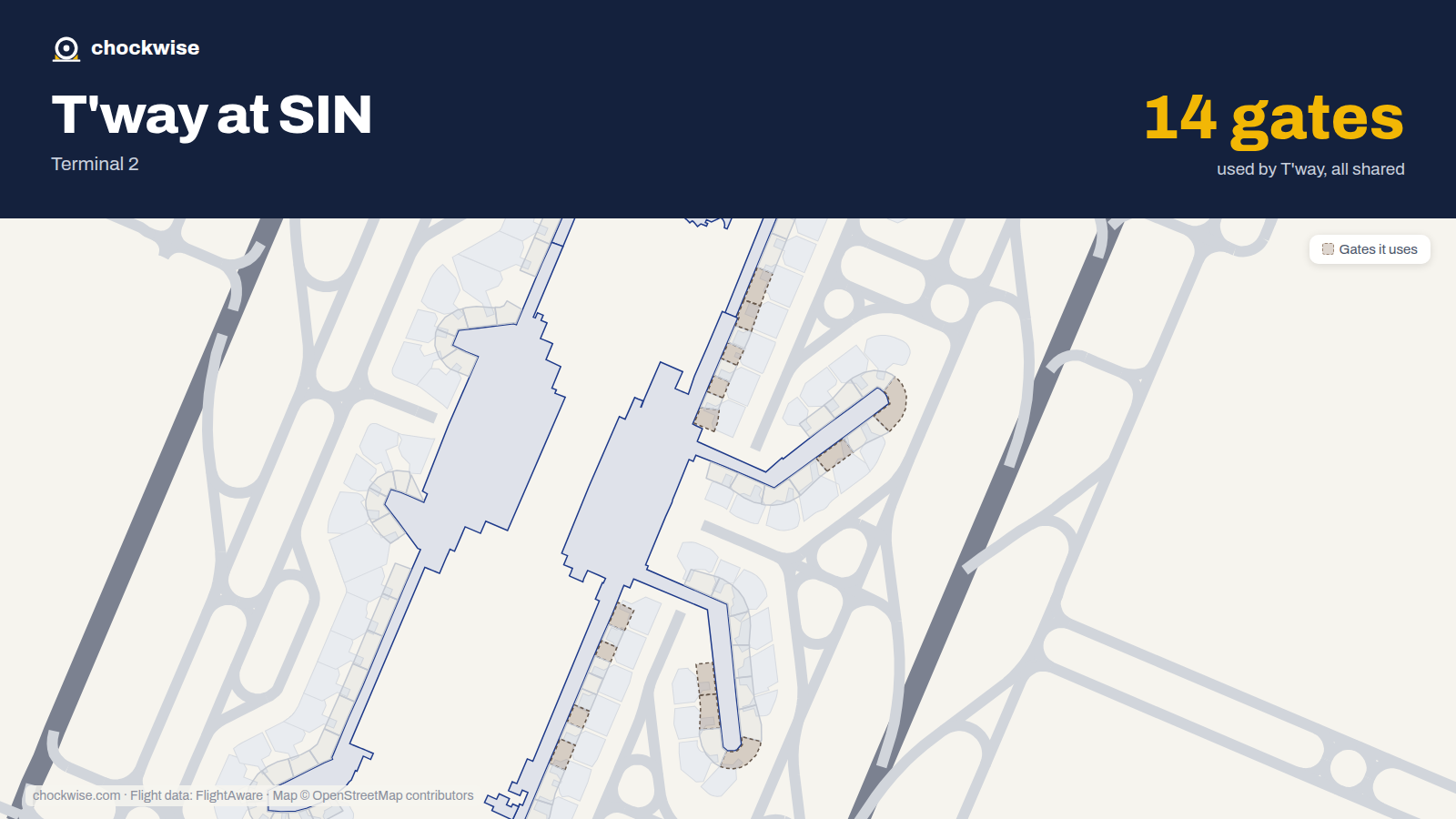 Map of SIN with the gates T'way Air uses highlighted: E6, E8, E20, E22, E24, E26, E27, F37 and 6 more.