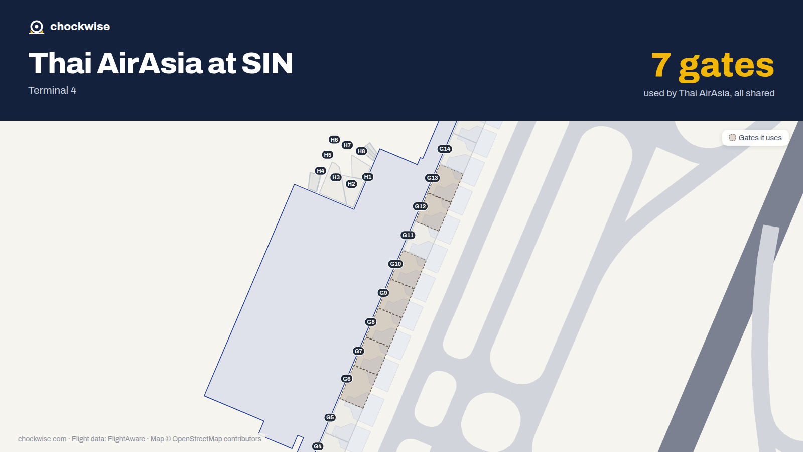Map of SIN with the gates Thai AirAsia uses highlighted: G6, G7, G8, G9, G10, G12 and G13.