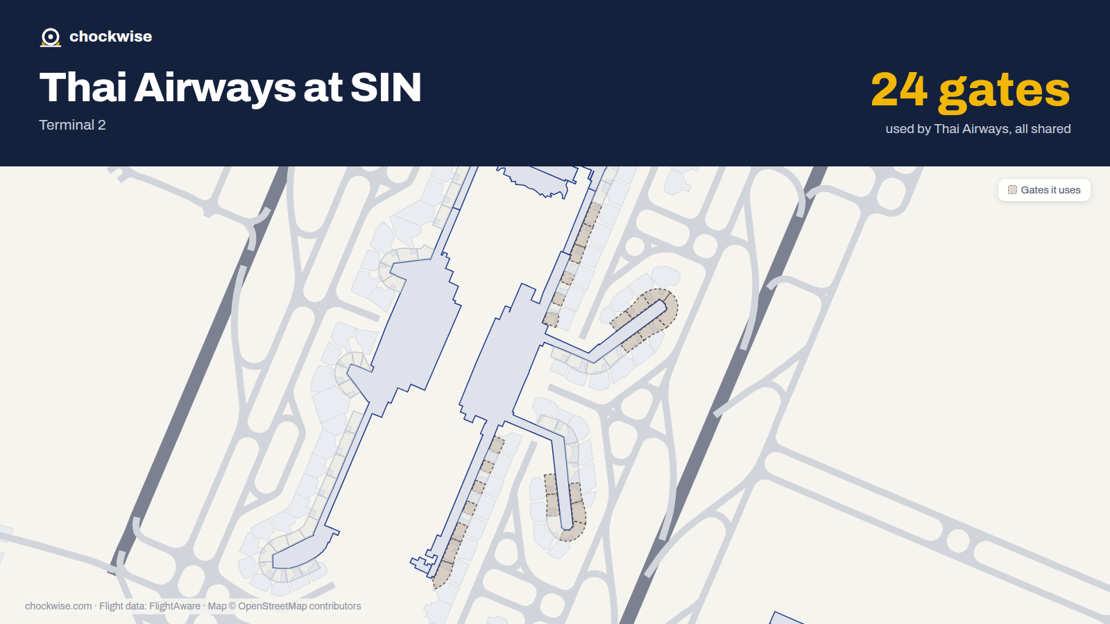 Map of SIN with the gates Thai Airways uses highlighted: E6, E7, E8, E10, E11, E12, E20, E22 and 16 more.