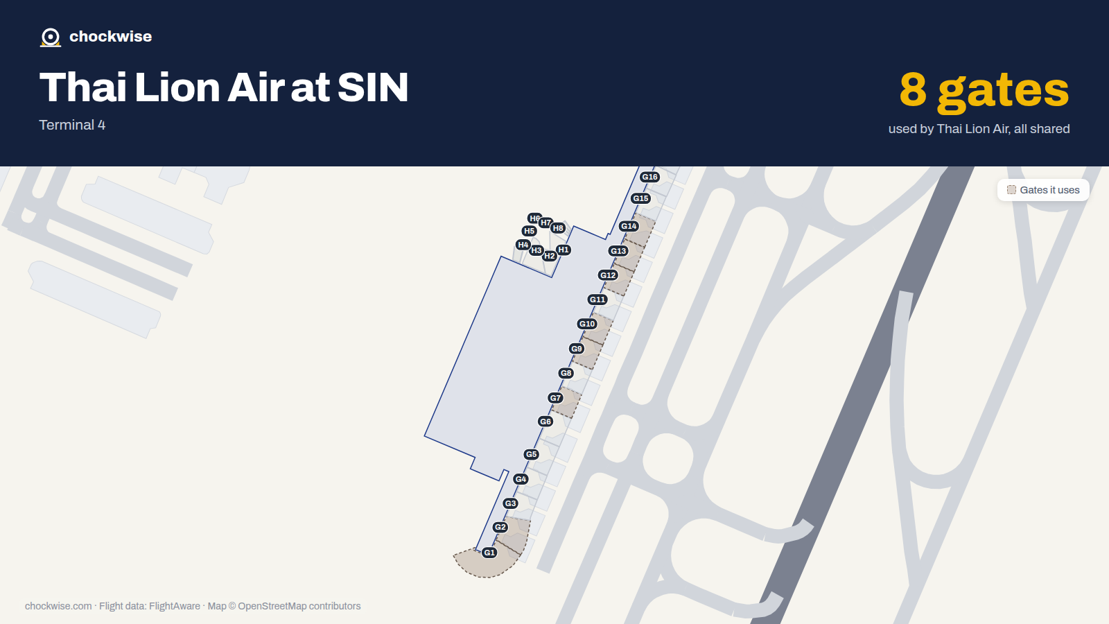 Map of SIN with the gates Thai Lion Air uses highlighted: G1, G2, G7, G9, G10, G12, G13 and G14.