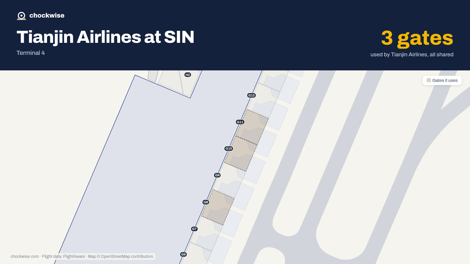 Map of SIN with the gates Tianjin Airlines uses highlighted: G8, G10 and G11.