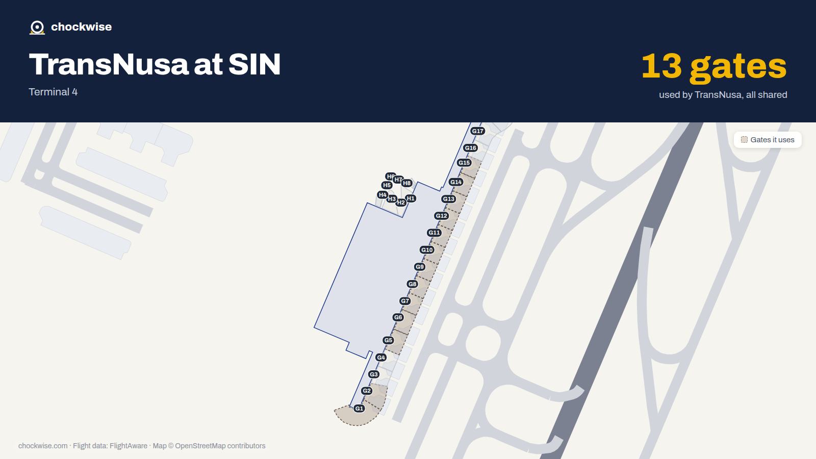 Map of SIN with the gates TransNusa uses highlighted: G1, G2, G5, G6, G7, G8, G9, G10 and 5 more.