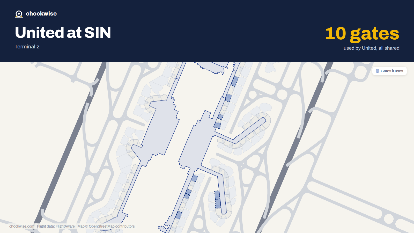 Map of SIN with the gates United Airlines uses highlighted: E20, E22, E26, E28, F40, F41, F50, F53 and 2 more.