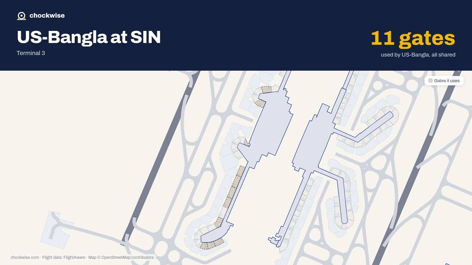 Map of SIN with the gates US-Bangla Airlines uses highlighted: A1, B1, B4, A9, A10, A11, A12, A14 and 3 more.