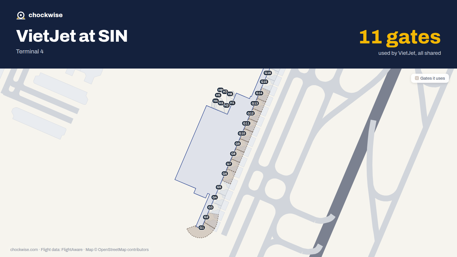 Map of SIN with the gates VietJet Air uses highlighted: G1, G2, G6, G7, G8, G9, G10, G11 and 3 more.