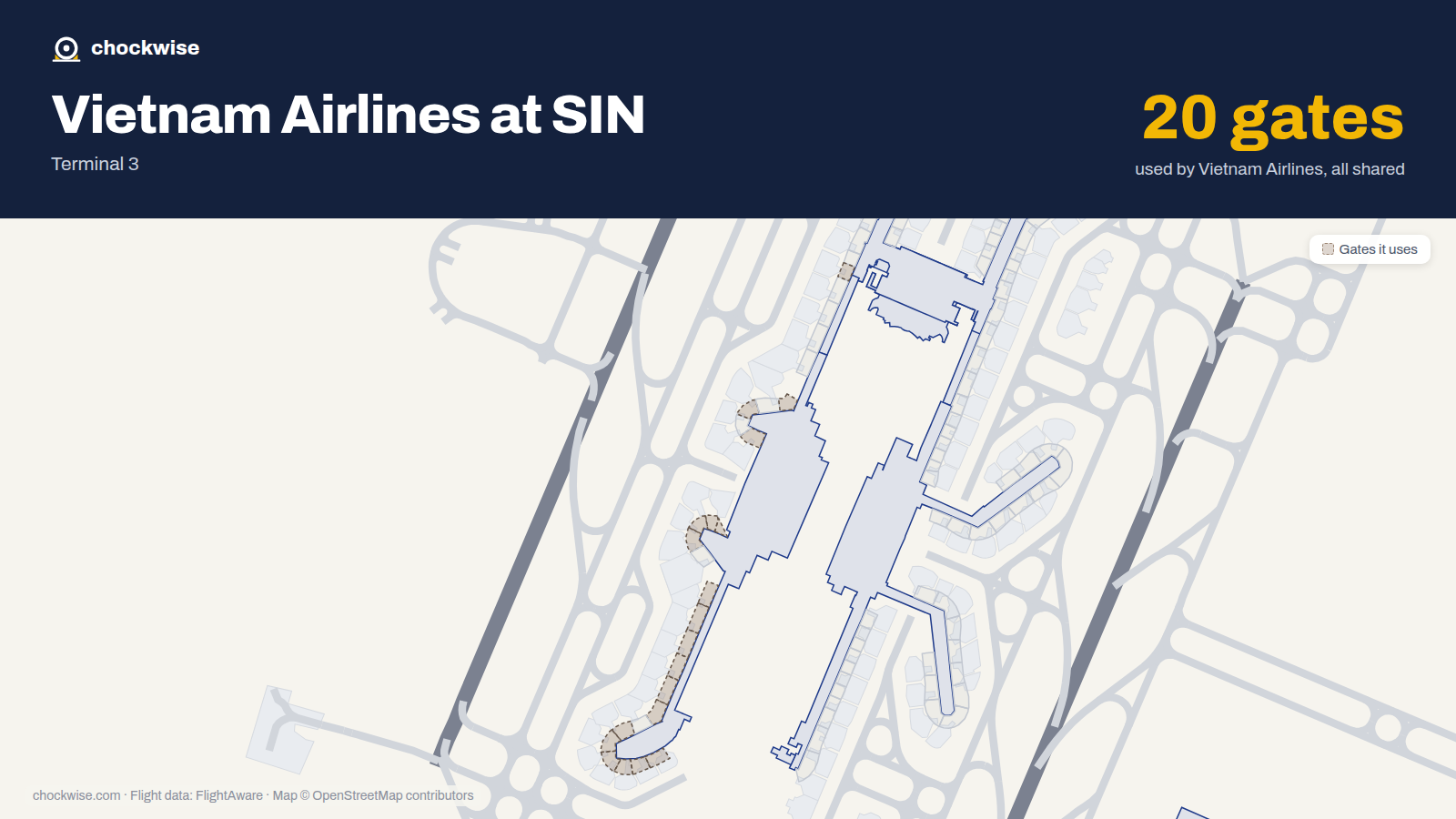 Map of SIN with the gates Vietnam Airlines uses highlighted: A1, B1, A2, A3, B3, A4, B5, A9 and 12 more.