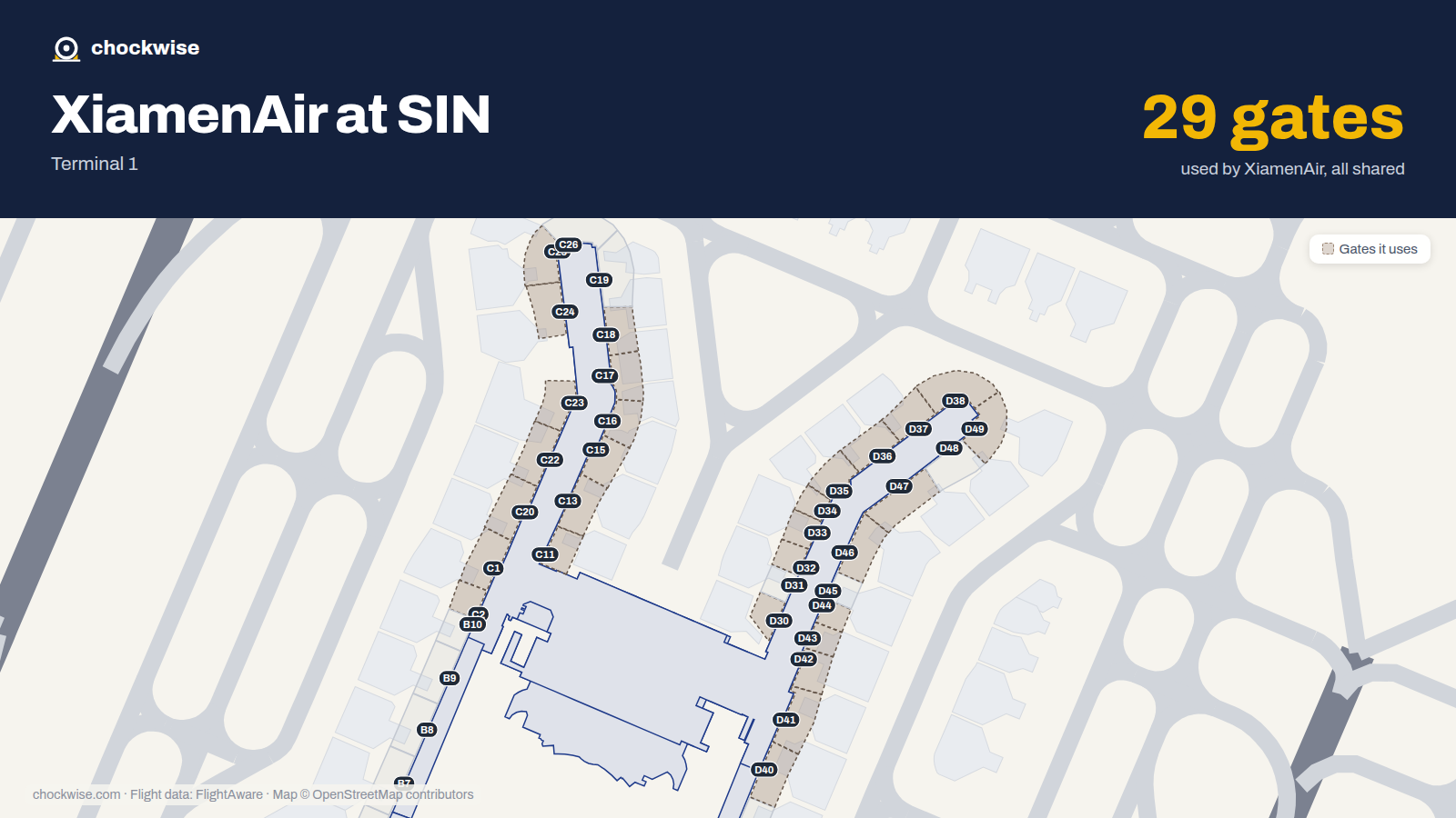 Map of SIN with the gates Xiamen Airlines uses highlighted: C1, C2, C11, C13, C15, C16, C17, C18 and 21 more.