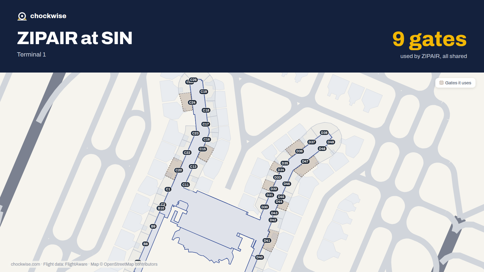 Map of SIN with the gates ZIPAIR uses highlighted: C15, C20, C24, D32, D34, D36, D41, D44 and 1 more.