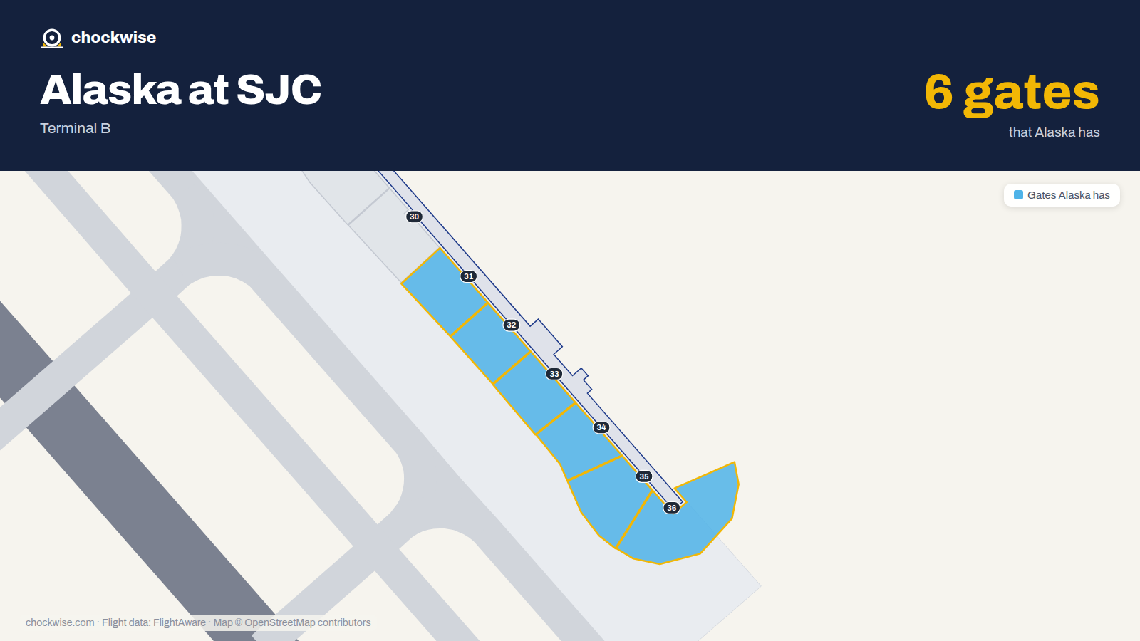 Map of SJC with the gates Alaska Airlines uses highlighted: 31, 32, 33, 34, 35 and 36.