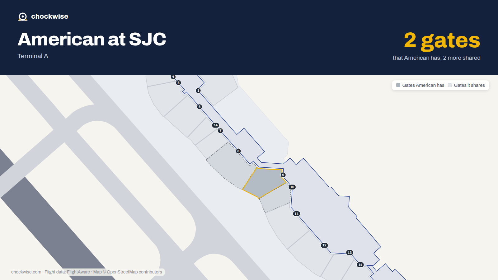 Map of SJC with the gates American Airlines uses highlighted: 9.