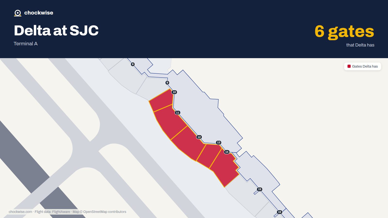 Map of SJC with the gates Delta Air Lines uses highlighted: 10, 11, 12, 13 and 14.