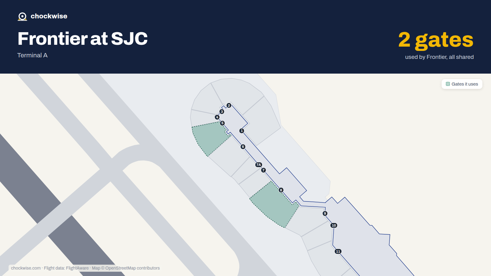 Map of SJC with the gates Frontier Airlines uses highlighted: 5 and 8.