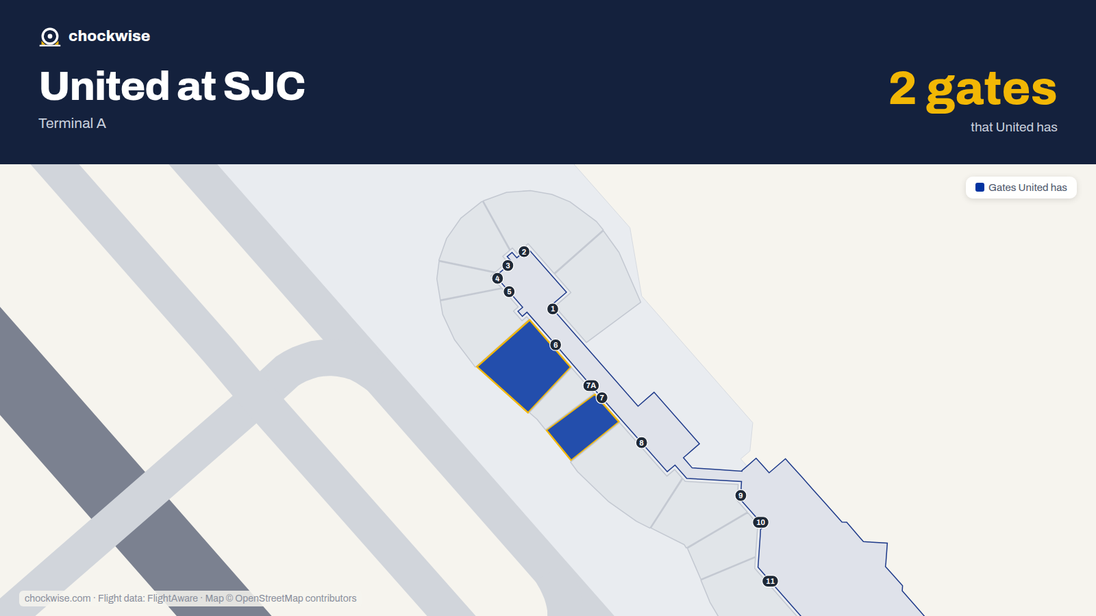 Map of SJC with the gates United Airlines uses highlighted: 6 and 7.