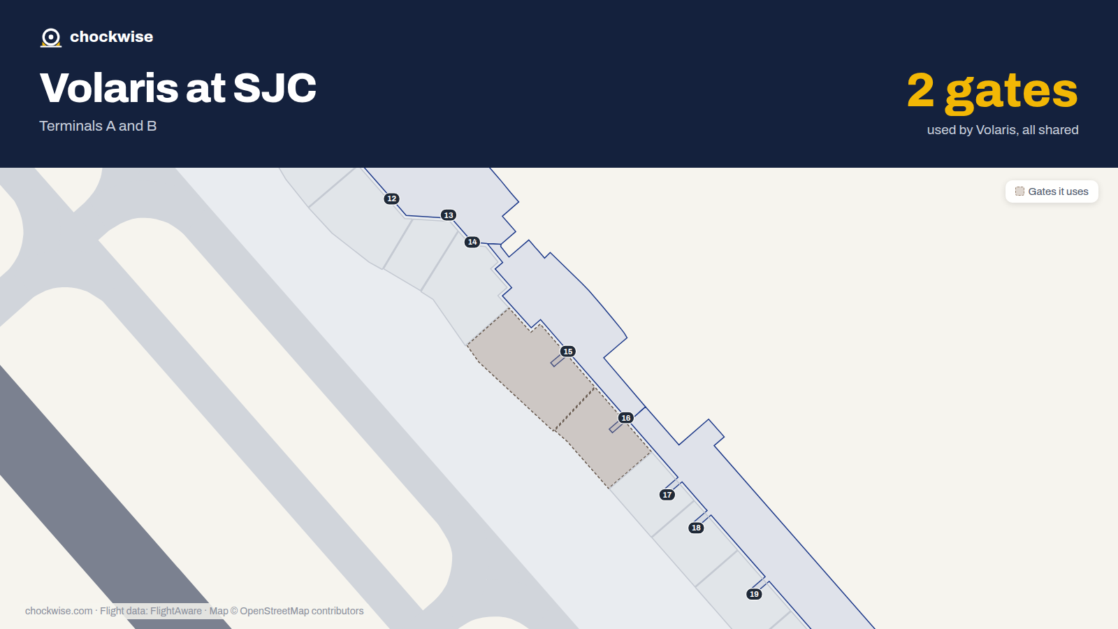 Map of SJC with the gates Volaris uses highlighted: 15 and 16.