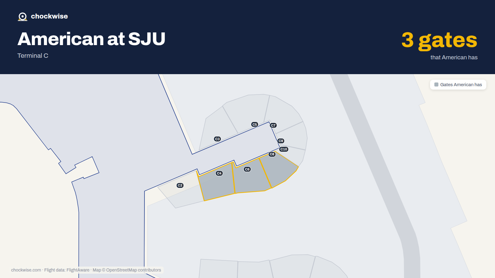 Map of SJU with the gates American Airlines uses highlighted: C4, C6 and C8.
