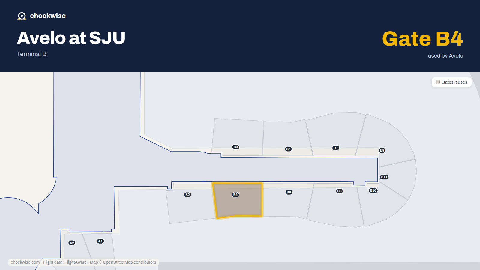 Map of SJU with the gates Avelo Airlines uses highlighted: B4.