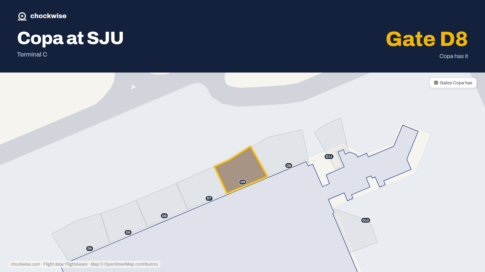 Map of SJU with the gates Copa Airlines uses highlighted: D8.