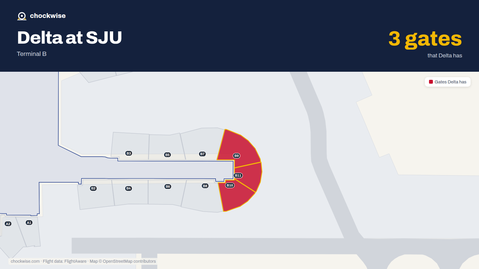 Map of SJU with the gates Delta Air Lines uses highlighted: B9, B10 and B11.