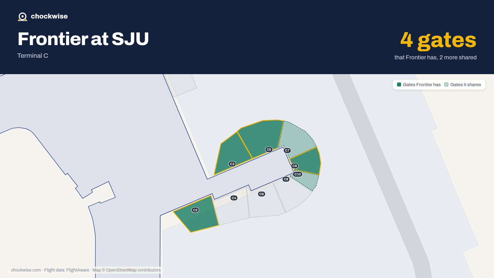 Map of SJU with the gates Frontier Airlines uses highlighted: C2, C3, C5 and C9.