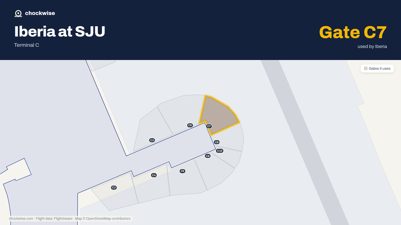 Map of SJU with the gates Iberia uses highlighted: C7.