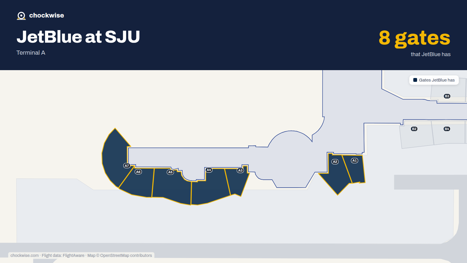 Map of SJU with the gates JetBlue uses highlighted: A1, A2, A3, A4, A5, A6 and A7.