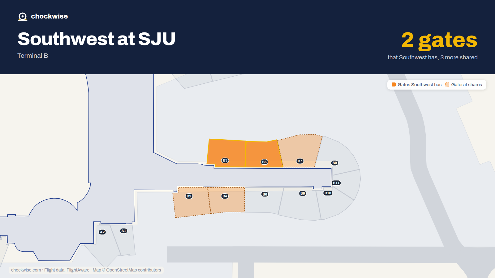 Map of SJU with the gates Southwest Airlines uses highlighted: B3 and B5.