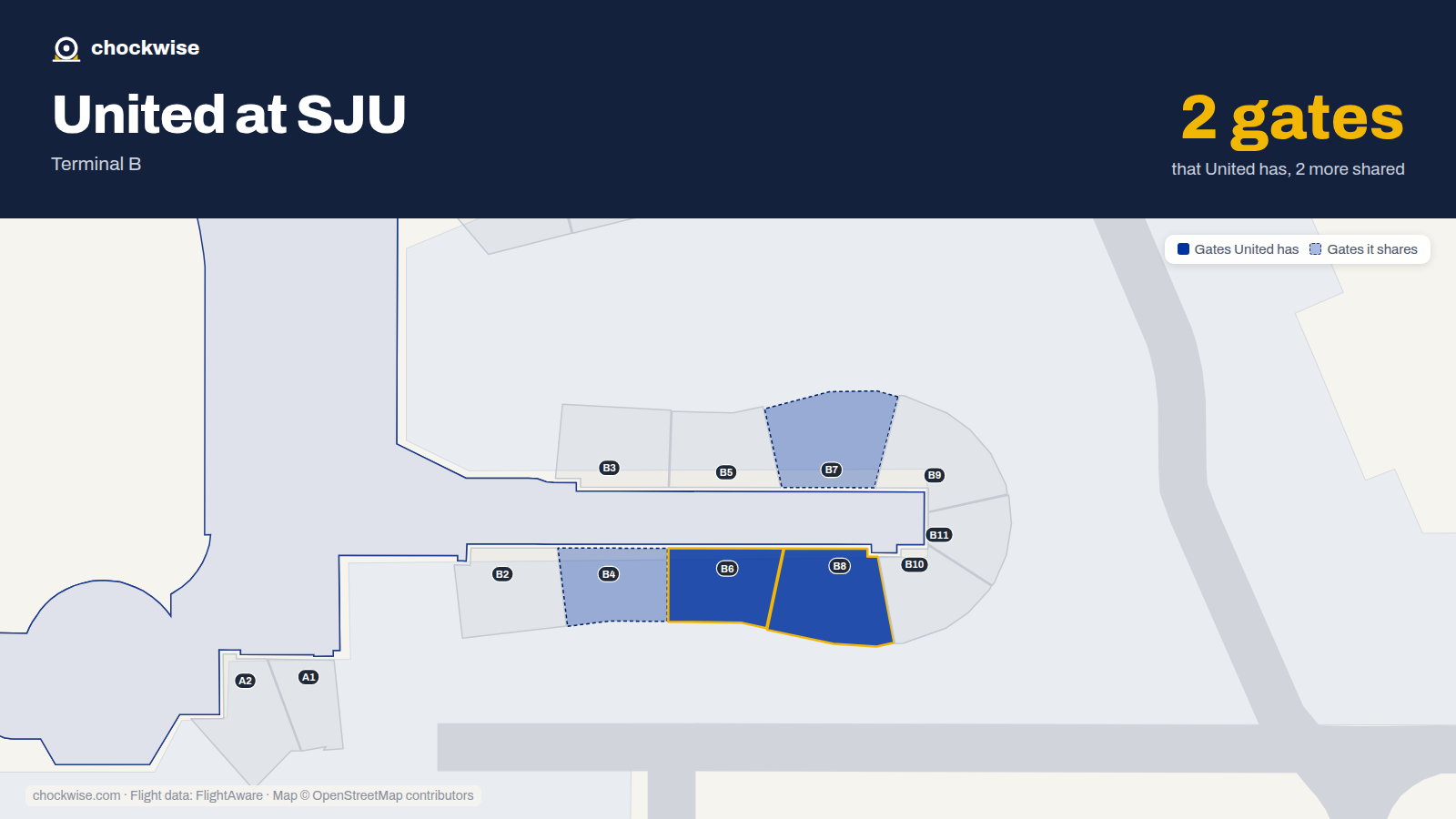 Map of SJU with the gates United Airlines uses highlighted: B6 and B8.