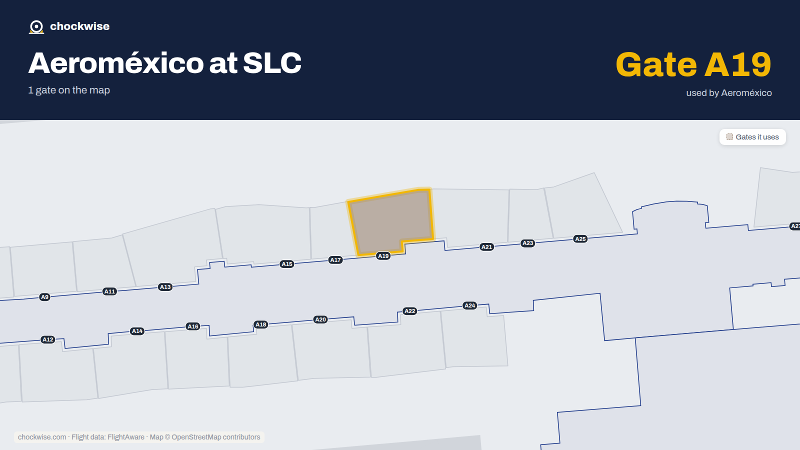 Map of SLC with the gates Aeroméxico uses highlighted: A19.