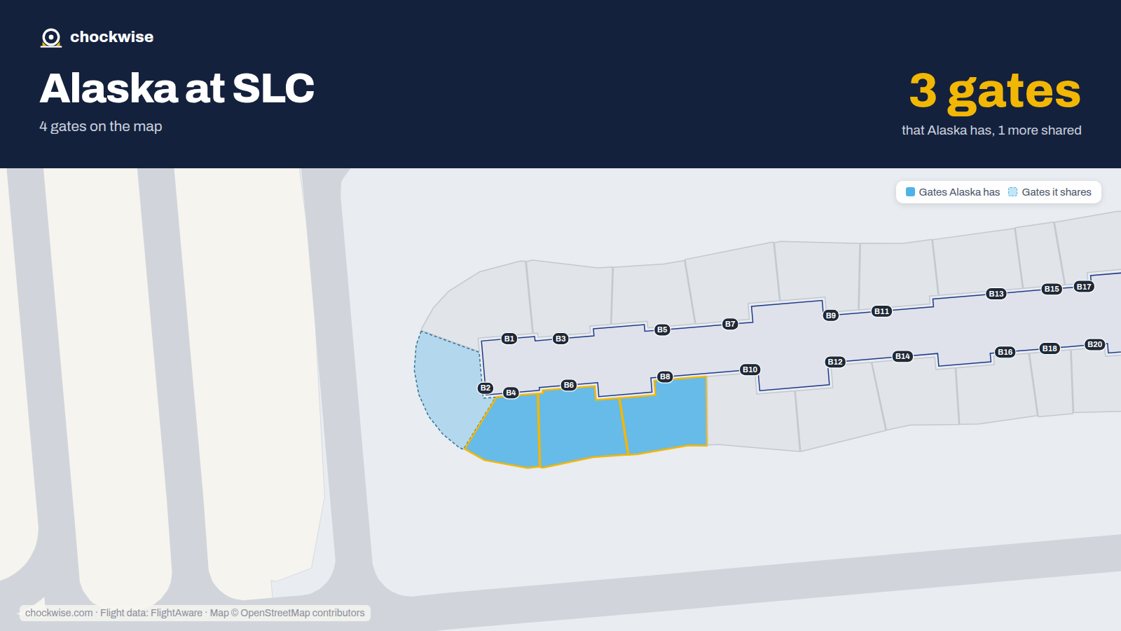 Map of SLC with the gates Alaska Airlines uses highlighted: B4, B6 and B8.