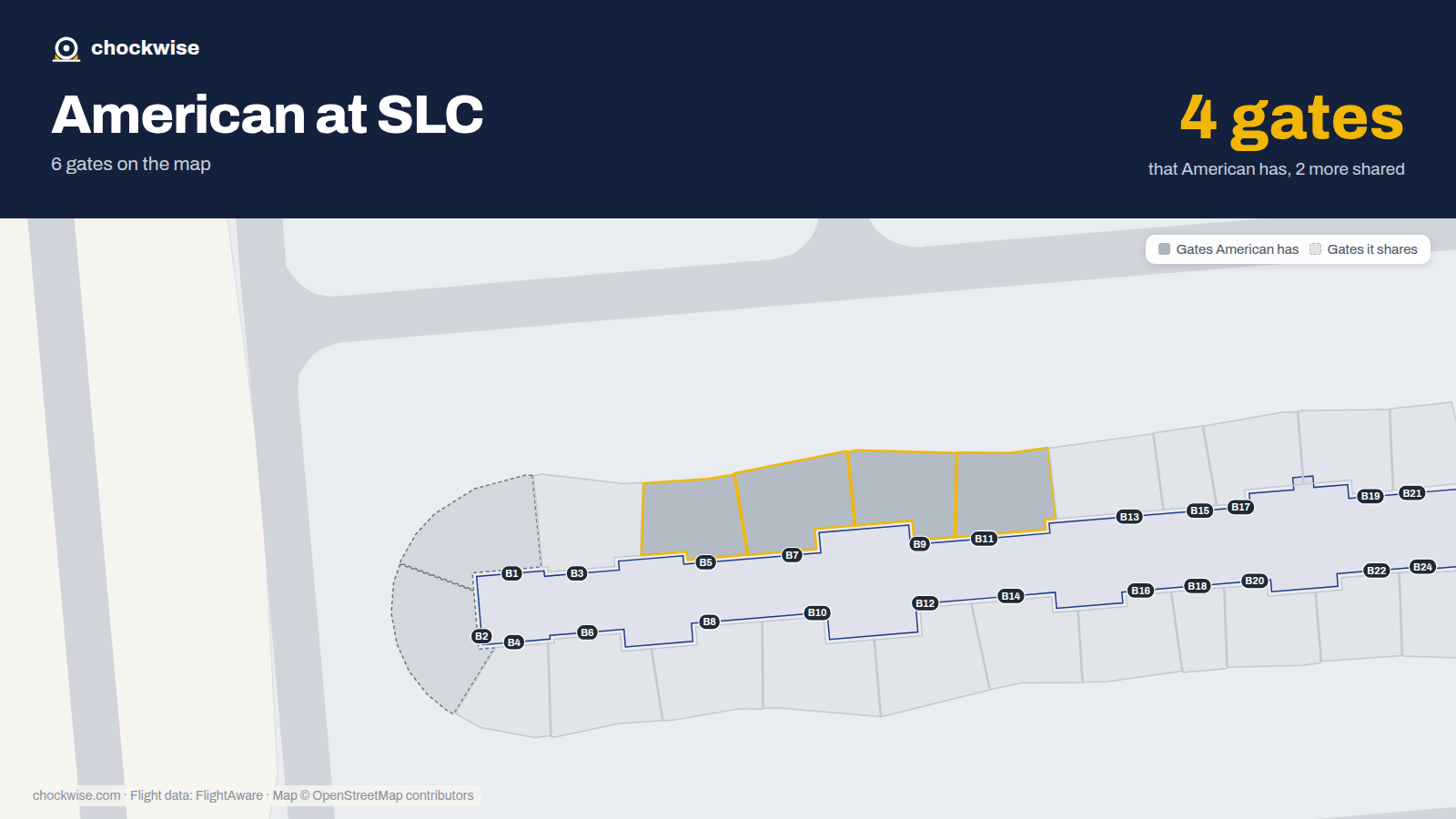Map of SLC with the gates American Airlines uses highlighted: B5, B7, B9 and B11.