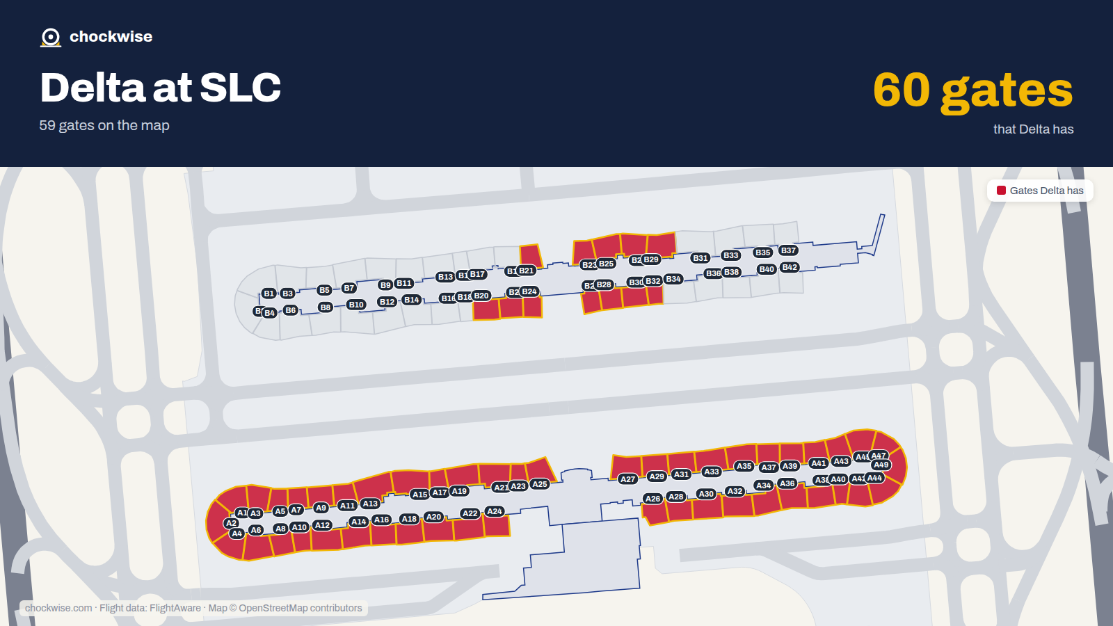 Map of SLC with the gates Delta Air Lines uses highlighted: A1, A2, A3, A4, A5, A6, A7, A8 and 51 more.