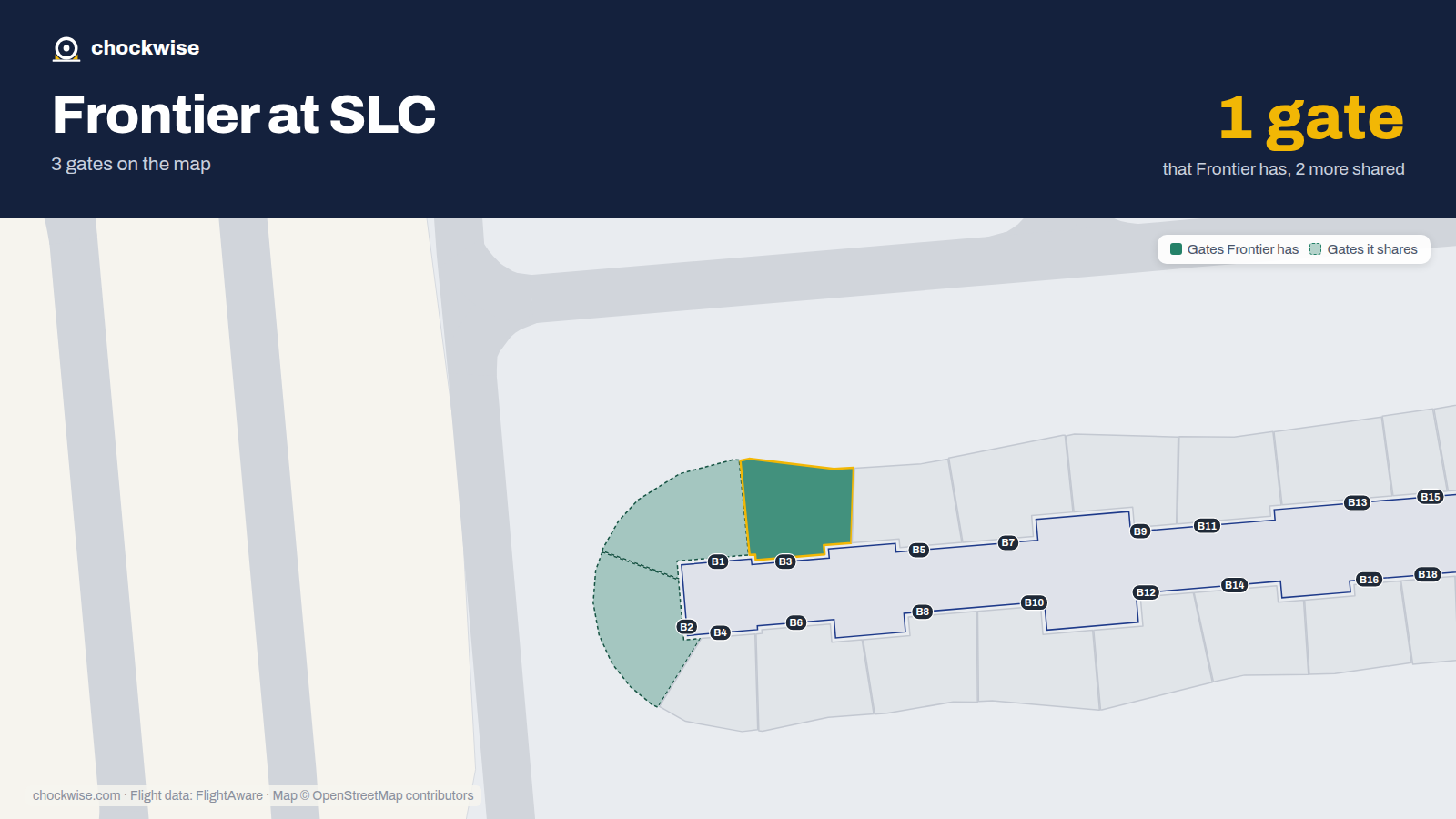 Map of SLC with the gates Frontier Airlines uses highlighted: B3.