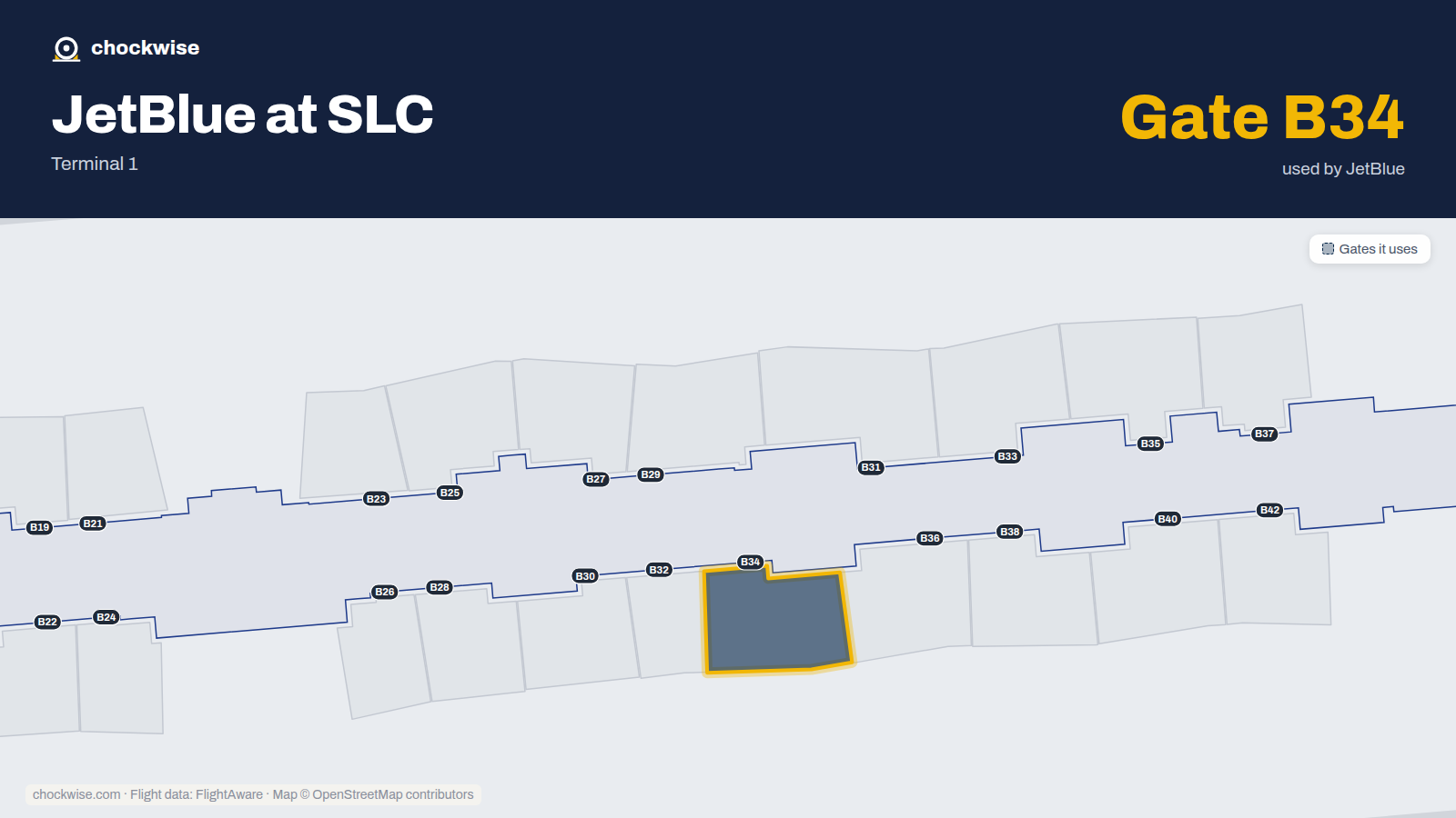 Map of SLC with the gates JetBlue uses highlighted: B34.
