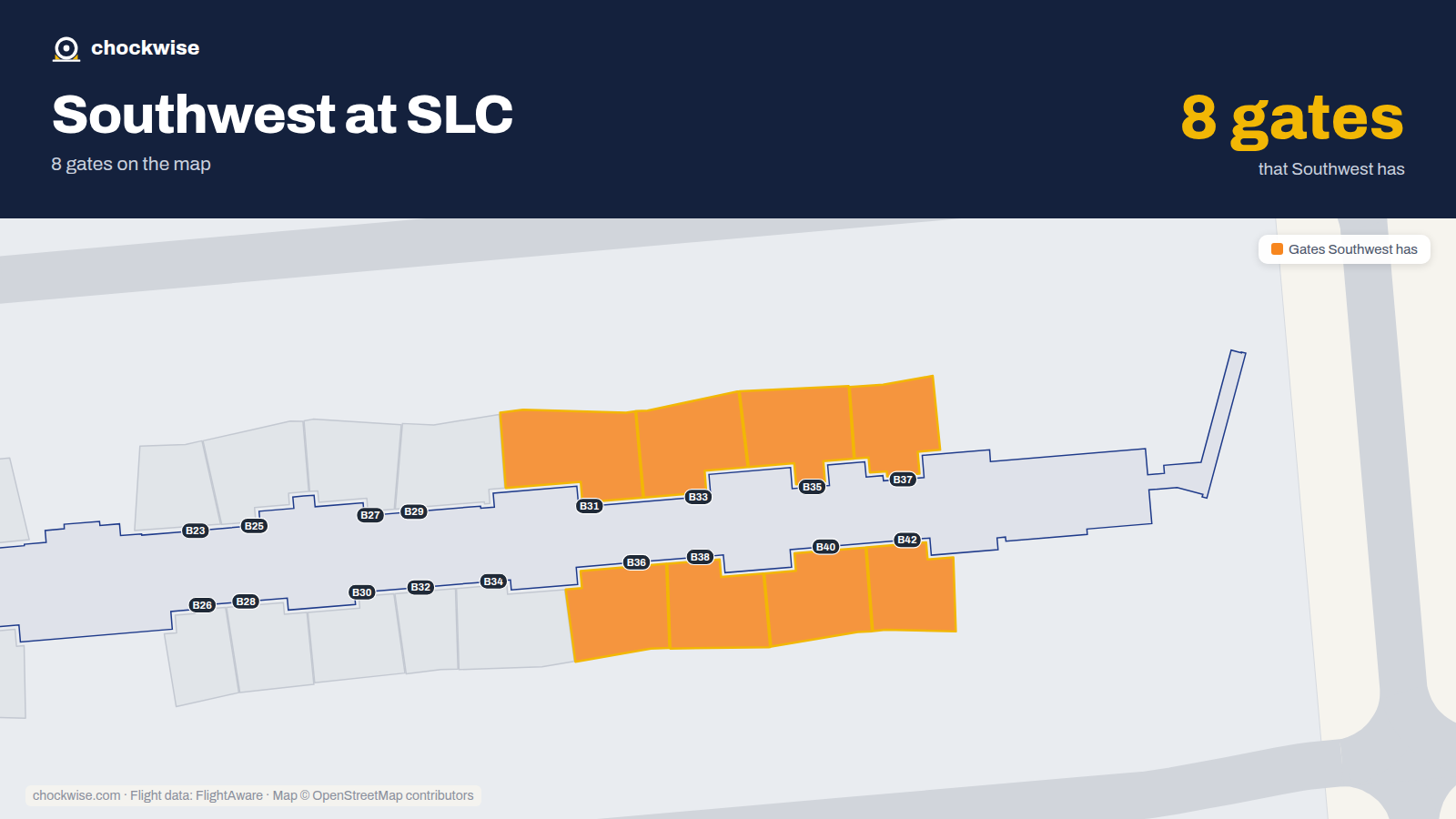 Map of SLC with the gates Southwest Airlines uses highlighted: B31, B33, B35, B36, B37, B38, B40 and B42.