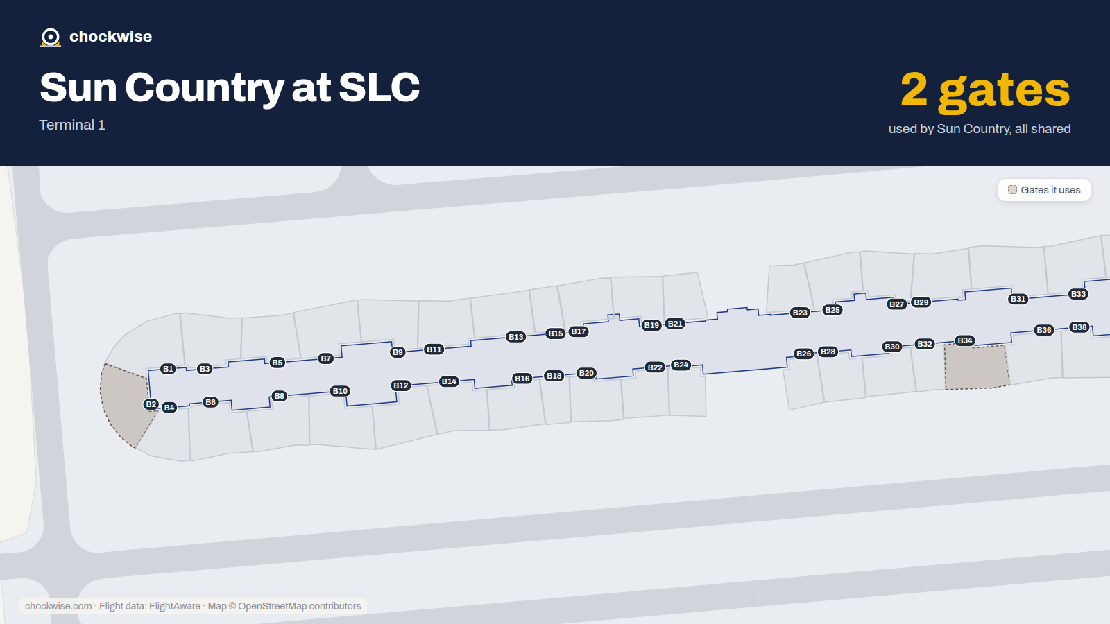 Map of SLC with the gates Sun Country Airlines uses highlighted: B2 and B34.