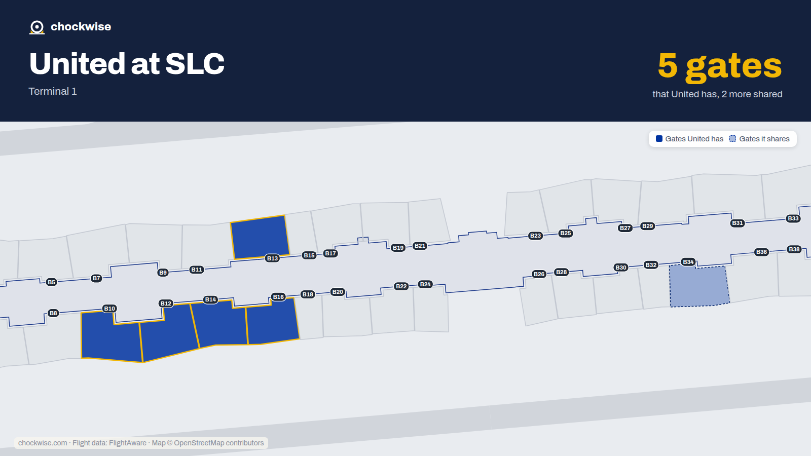 Map of SLC with the gates United Airlines uses highlighted: B10, B12, B13, B14 and B16.