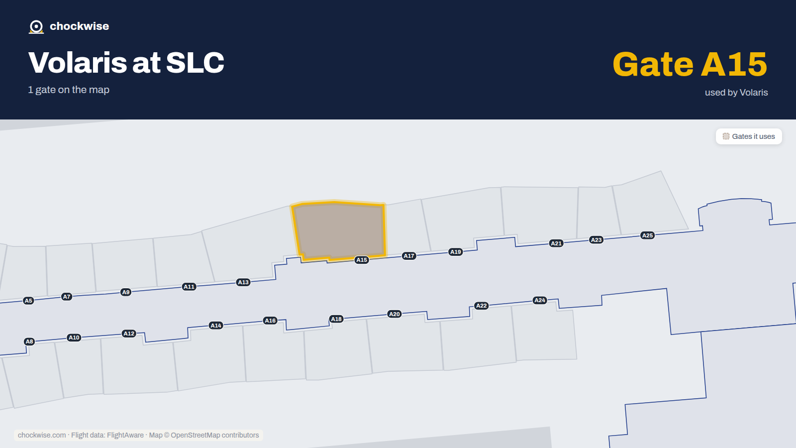 Map of SLC with the gates Volaris uses highlighted: A15.