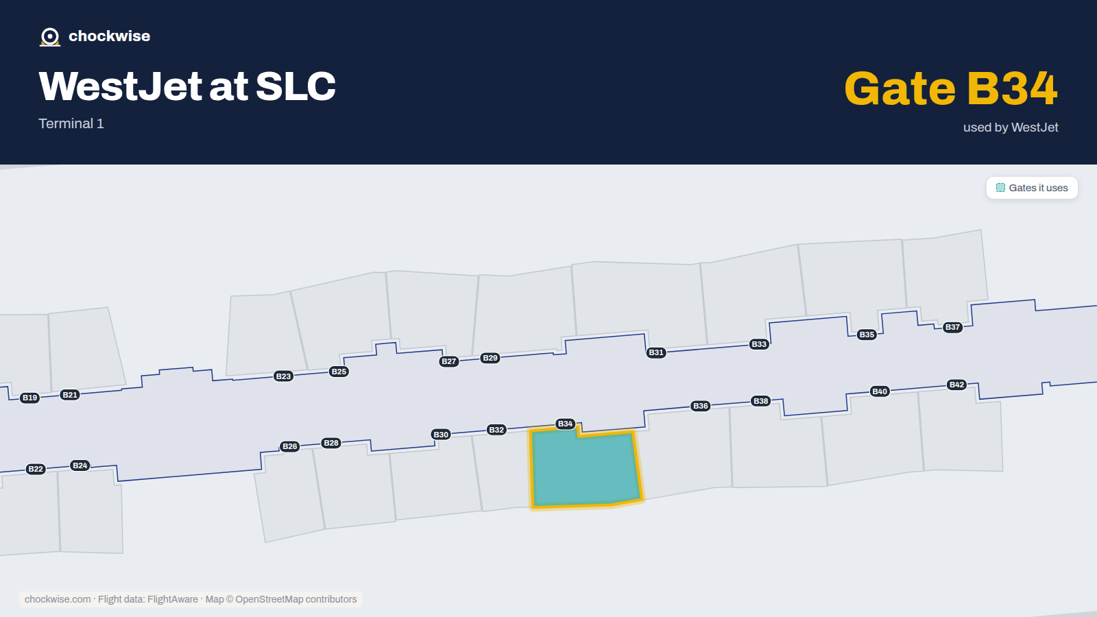 Map of SLC with the gates WestJet uses highlighted: B34.