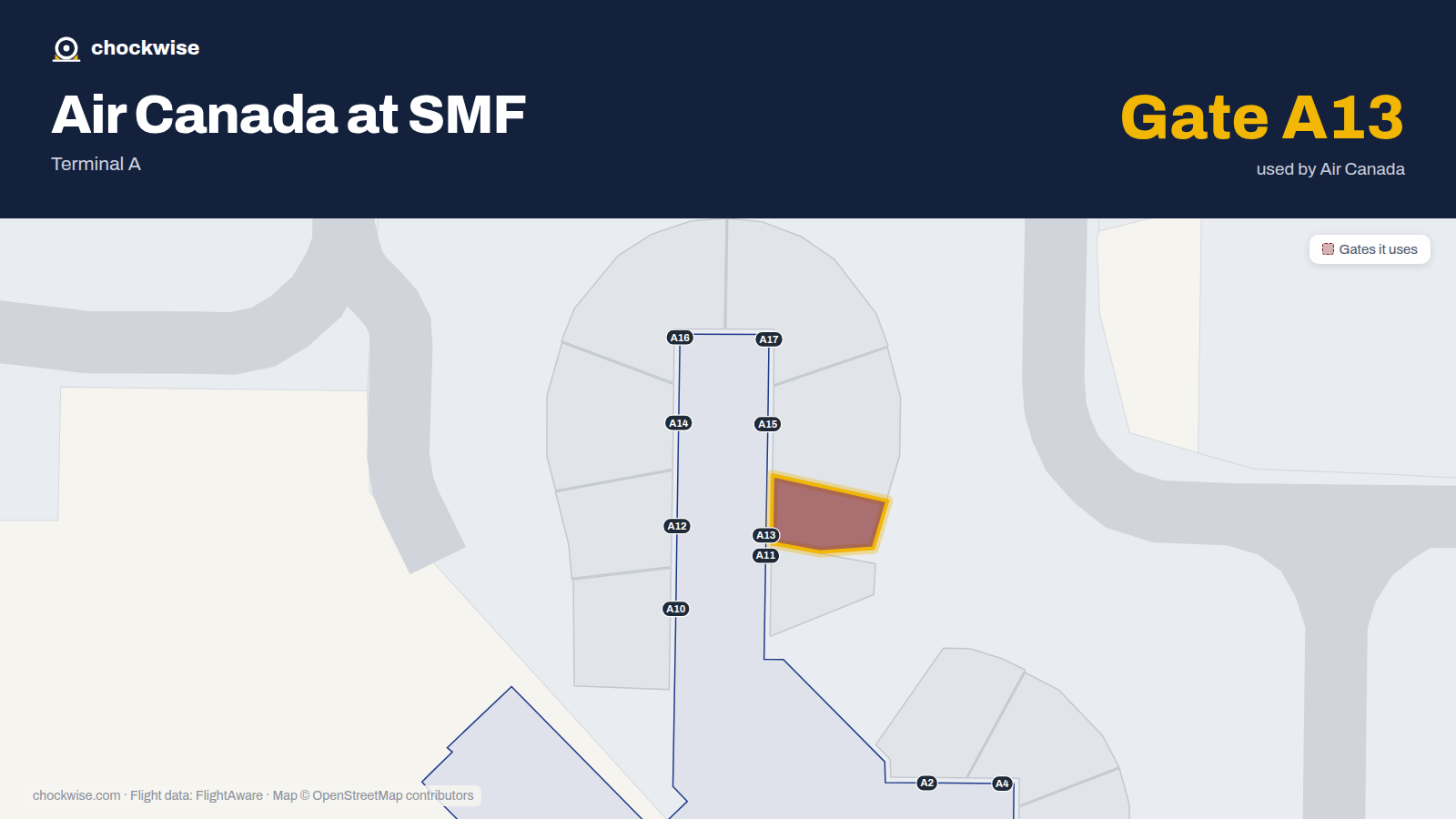 Map of SMF with the gates Air Canada uses highlighted: A13.
