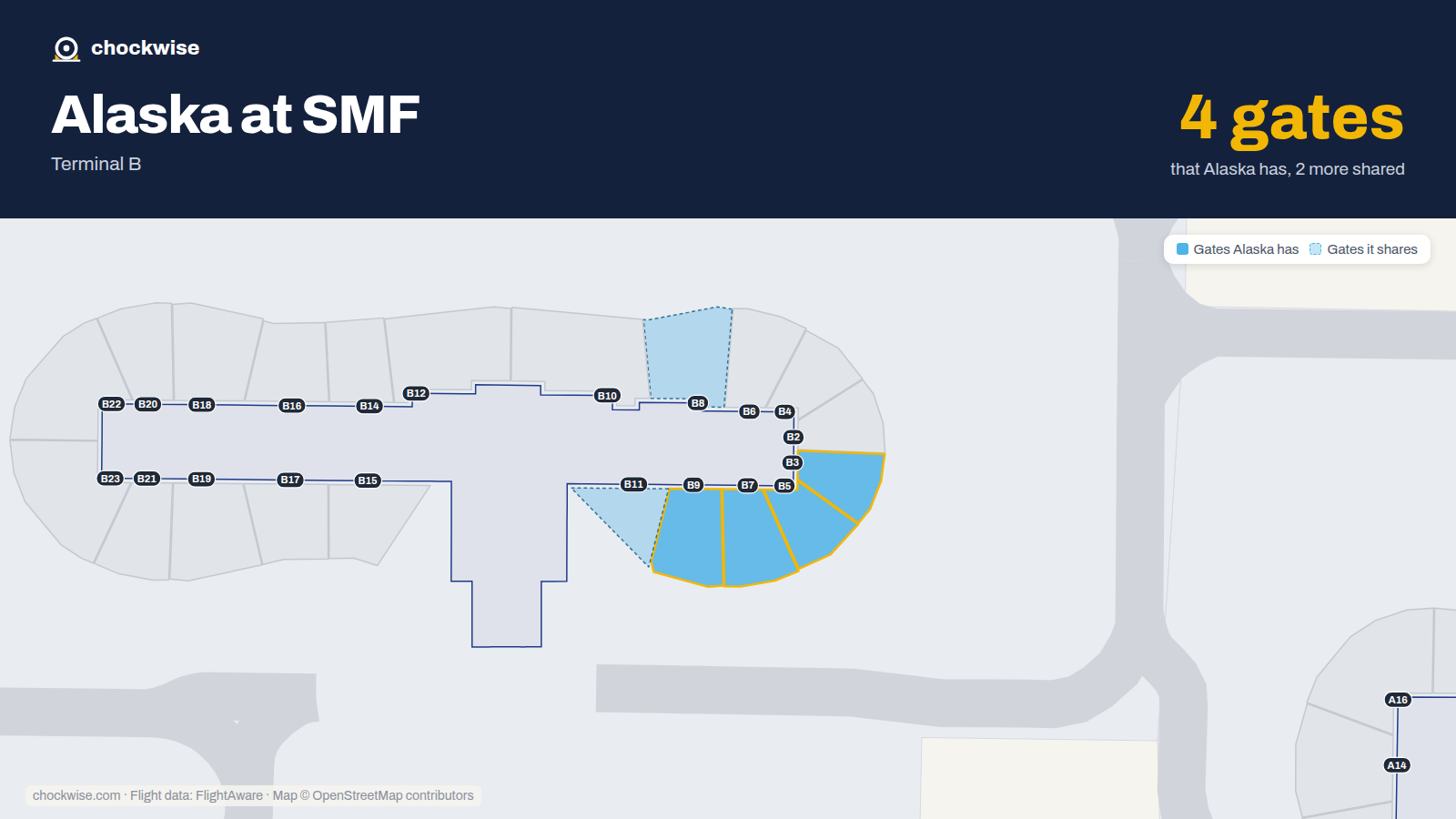 Map of SMF with the gates Alaska Airlines uses highlighted: B3, B5, B7 and B9.
