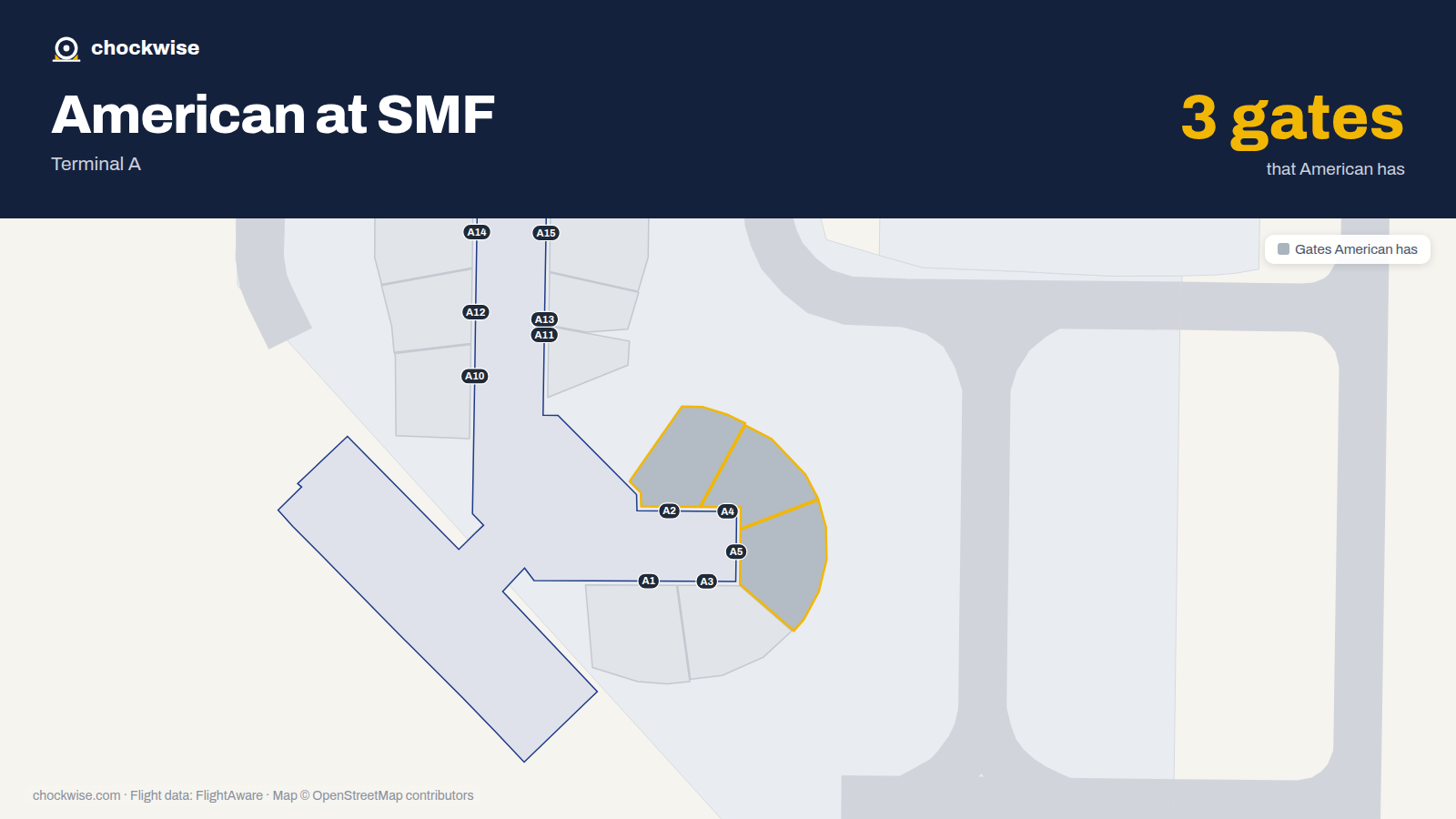 Map of SMF with the gates American Airlines uses highlighted: A2, A4 and A5.