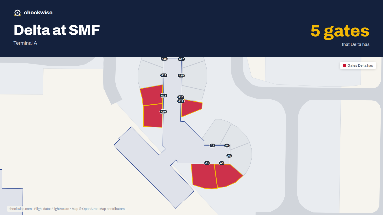 Map of SMF with the gates Delta Air Lines uses highlighted: A1, A3, A10, A11 and A12.
