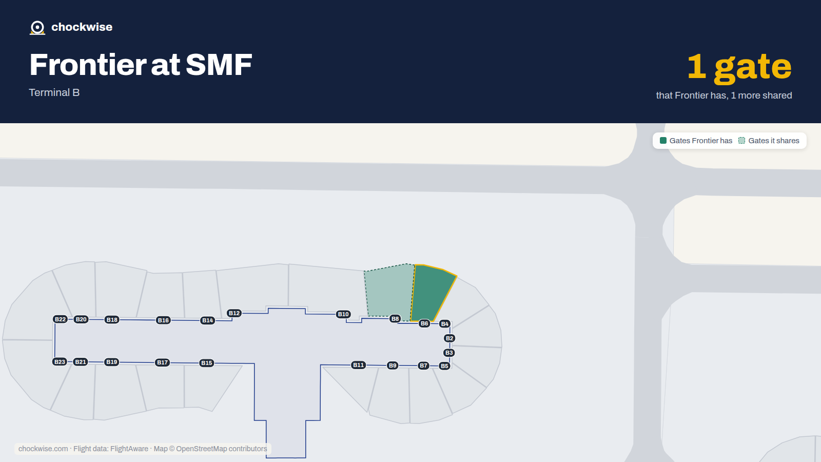 Map of SMF with the gates Frontier Airlines uses highlighted: B6.