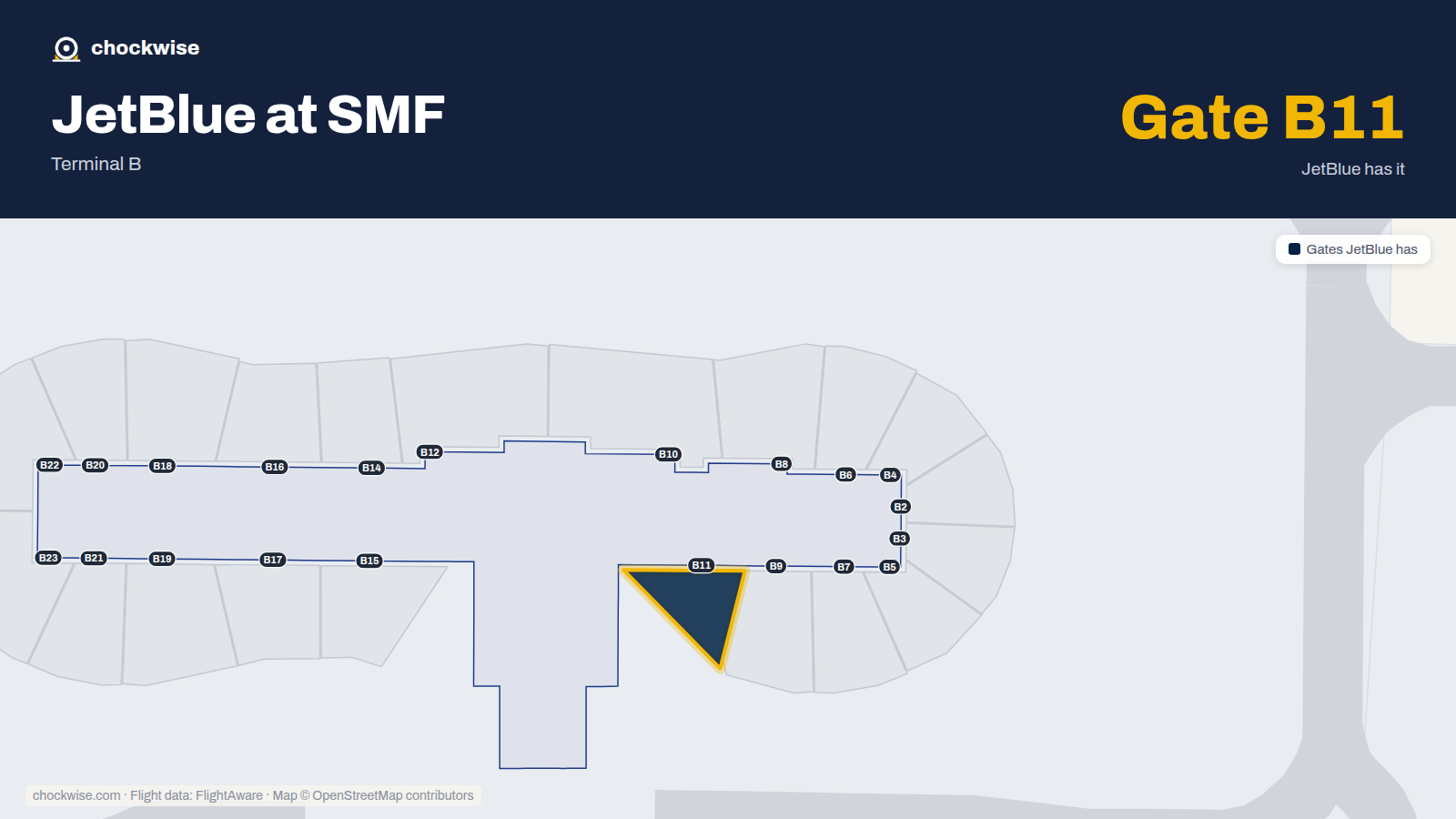Map of SMF with the gates JetBlue uses highlighted: B11.